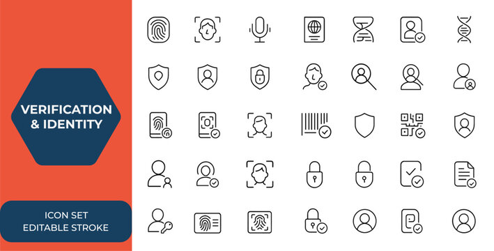 Verification and identity icon set in line style for mobile and web apps. Includes fingerprint, face ID, voice recognition, passport, DNA, ID card. Vector illustration, security, authentication