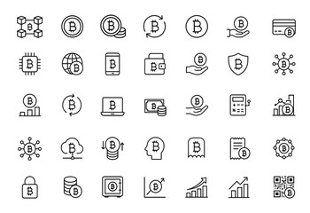 Bitcoin linear icon collection in editable stroke style. Cryptocurrency web icon set including blockchain, crypto currency, money, mining, exchange, payment, technology, finance, digital assets.