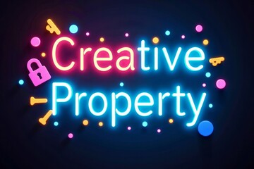 Neon Sign Featuring Creative Property with Lock and Key Silhouette intertwined with Abstract Shapes