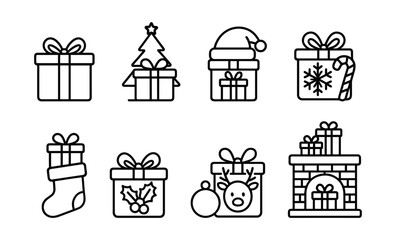 Festive christmas gift icons with fireplace and holiday symbols in minimalist linear style