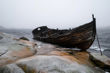 Naklejka premium Weathered shipwreck rests on rocky shore amid turbulent waters