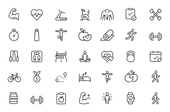 Fitness and healthy lifestyle web icons set in linear style. Sport and exercise icons for mobile and web app. Physical activity, gym, diet, sleep, work, rest, body care. Editable stroke and more.