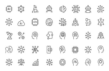 AI technology line icons set for web and mobile apps. Digital artificial intelligence icons featuring machine learning, algorithm, smart robotics, cloud computing, network and more.