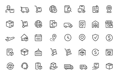 Logistics and delivery web icon set in line style. Courier, shipping, tracking, refunds, and service icons for mobile and web apps. Vector illustration, freight, parcel, transport, shipment and more.