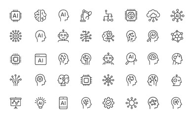 Line style AI icon set for web and mobile apps. Artificial intelligence technology icons featuring machine learning, smart robotics, algorithm, cloud computing, digital AI network and more.