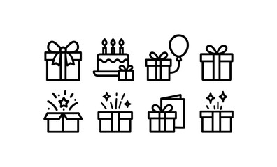 Celebration icons: party, gifts, cake, and balloons in linear style