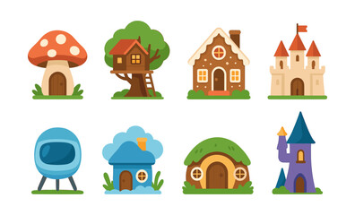 Obraz premium Charming cartoon houses: whimsical treehouse, castle, and fantasy homes collection