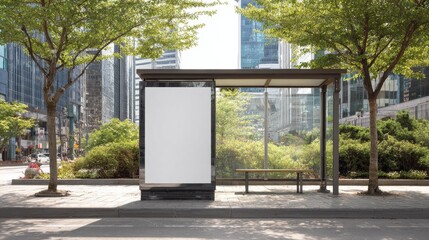 Urban bus stop and blank vertical billboard amidst trees and buildings
