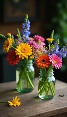 Rustic wooden table, wildflowers in mason jars, light, herbs, texture