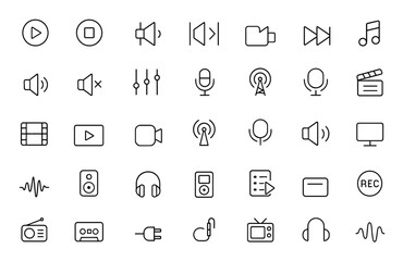 Editable stroke vector icons set for audio and video. Thin line collection of music and video icons. Modern illustration for multimedia, sound, playback, digital, media, player, streaming and more.