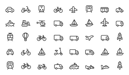 Linear style transport icon set for web and mobile apps. Vehicle, delivery, public transport icons including car, bike, train, bicycle, plane, bus, metro, ship, bulldozer, helicopter, logistics © Vintage Studio