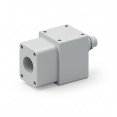 Obraz premium A gray, cube-shaped industrial component with a circular opening on one side, isolated on a white background.