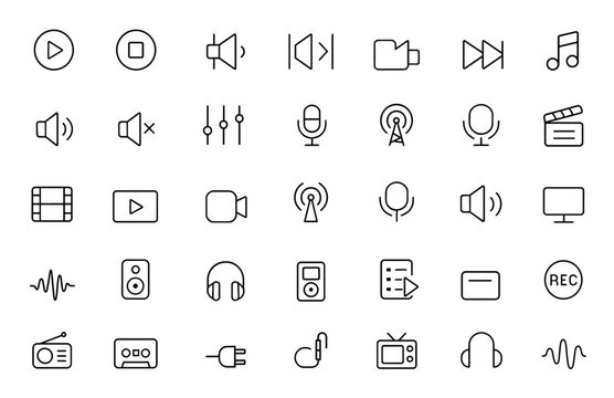 Editable stroke vector icons set for audio and video. Thin line collection of music and video icons. Modern illustration for multimedia, sound, playback, digital, media, player, streaming and more.