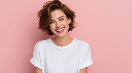 Fototapeta premium Horizontal portrait of happy female has cheerful expression, dressed in white casual t shirt, expresses positiveness, being glad to spend free time with boyfriend. Smiling woman with stylish hairdo, 