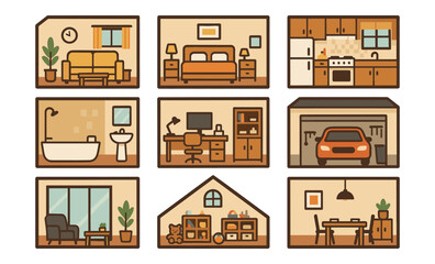 Cozy home interior design in flat style with various room layouts