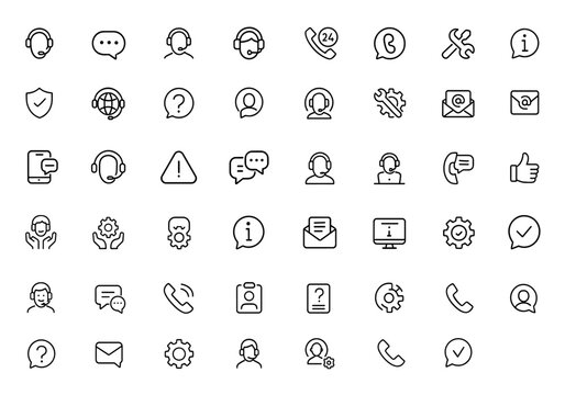 Support and customer service web icons set in line style. Online help, assistance, 24 hrs support, service icons for mobile app and web. Vector illustration, helpdesk, client care, chat, contact