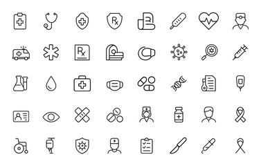 Medical and health care line style icon set for web and mobile apps. Medicine symbols, emergency equipment, RX, MRI, virus, doctor, lab, prescription, healthcare tools and more.