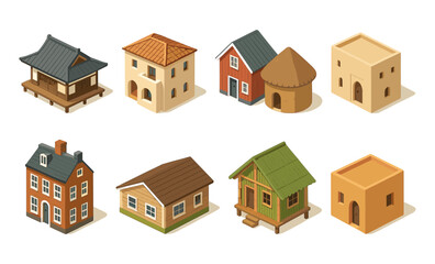 Charming isometric houses: diverse architectural styles illustrated