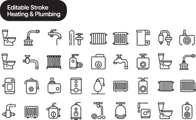 Heating and plumbing outline icon set for home renovation