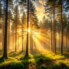 Obraz premium Sunlight streaming through tall trees in a serene forest landscape