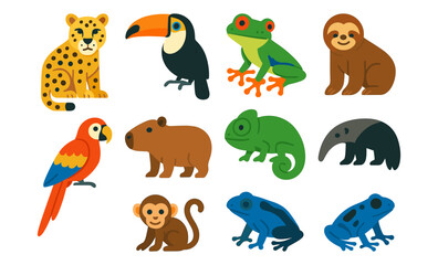 Fototapeta premium Colorful flat jungle animals collection featuring frogs, chameleon, and more