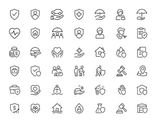Editable stroke insurance icon set. Thin line vector illustration collection of assurance and insurance icons for web, finance, protection, safety, policy, coverage, risk management, and more.