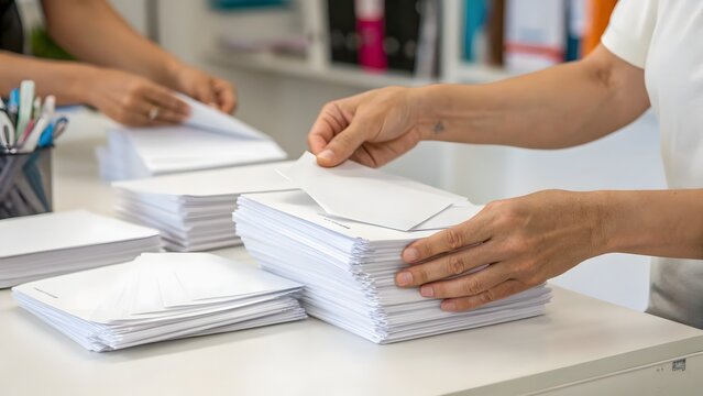 Paperwork Precision: Hands meticulously sort through stacks of pristine papers in a well-lit workspace, emphasizing organization and efficiency.