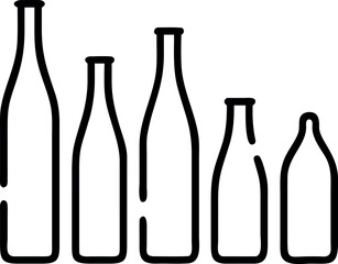 Collection of five different sized glass bottles isolated on white background