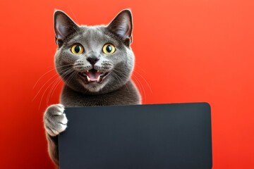 Poster cat concept. Cat on ad sign. Cat in ad board. Ð¡ute adult cat russian blue hold in front paws a design draft - large dark black drive sign. Isolated cat on a solid apparel red background.