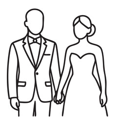 Elegant Wedding Couple Line Art Bride and Groom Holding Hands in Formal Attire Illustration minimalist