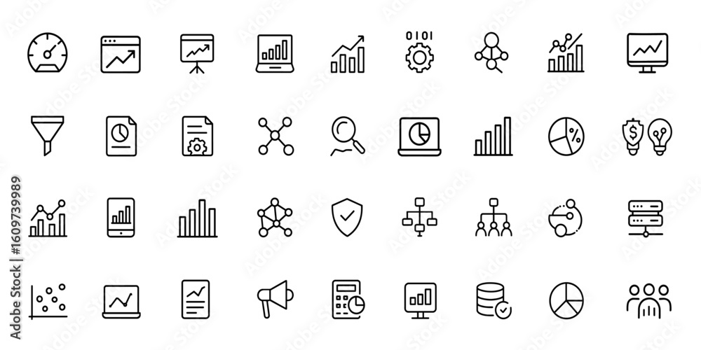 Poster line style web icons set for data analytics. performance, traffic analysis, graphs, data processing,