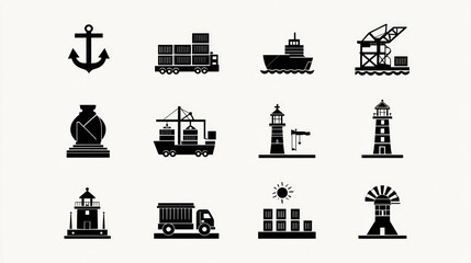 Silhouetted icons depict shipping themes, including ships, cranes, trucks, and lighthouses