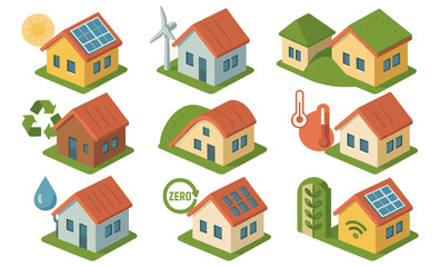 Fototapeta premium Sustainable homes collection featuring eco friendly energy solutions and green technology
