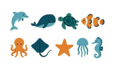 Cute flat marine animals collection with dolphin, whale, turtle, and more
