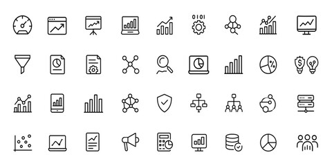 Line style web icons set for data analytics. Performance, traffic analysis, graphs, data processing, research network, statistics, data analysis, analytics for mobile app, collection and more.