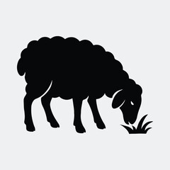 Silhouette sheep grazing in grass field minimal design vector illustration
