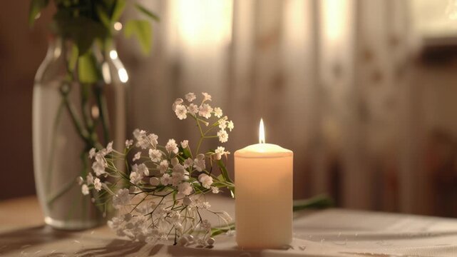 A single white candle sits on a table beside a vase of fresh flowers, perfect for setting the mood