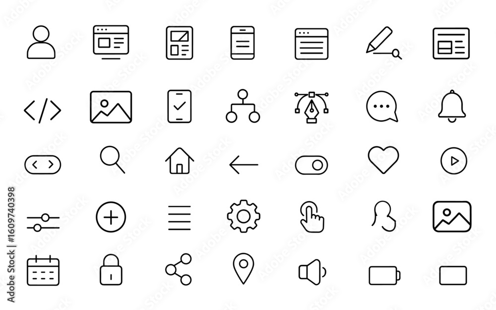 Fototapete UI/UX basic icon set in line style for web and mobile app interfaces. Includes user interface, development, web page, mobile app, web interface, digital design, navigation, interaction, vector,