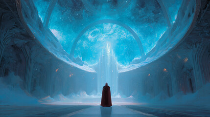 A robed figure standing before a giant luminous scroll in a celestial hall