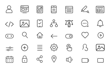 UI/UX basic icon set in line style for web and mobile app interfaces. Includes user interface, development, web page, mobile app, web interface, digital design, navigation, interaction, vector,