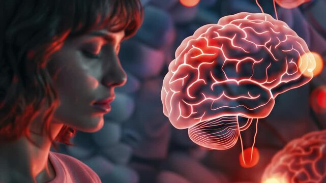 Close-up of a woman studying a 3D brain model with various parts labeled