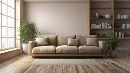 Japandi living room interior with cozy beige couch, modern minimalist design of apartment