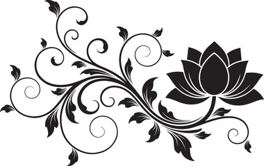 Fototapeta premium Elegant black silhouette of a lotus flower with ornate swirling vines and decorative leaves.