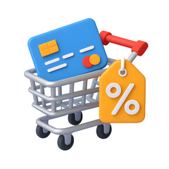 3D Shopping Cart with Credit Card and Discount Icon

