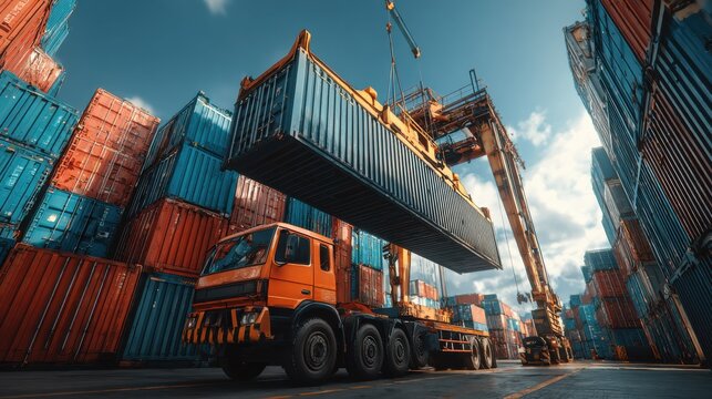 Efficient container transportation a crane loading cargo onto a truck in a shipping yard with stacked containers under a blue sky