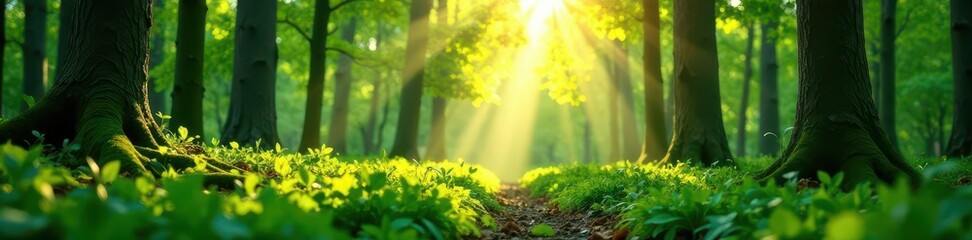 Sunlight dapples serene spring forest floor, lush green undergrowth , foliage, sunlight through trees, peaceful scene
