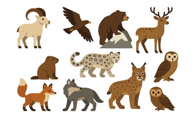 Collection of mountain wildlife animals in flat design style