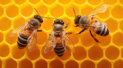Three bees on a honeycomb with a vibrant yellow background, showcasing the intricate and natural beauty of bee life and honey production.