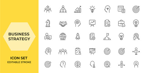 Linear business strategy icon set: editable stroke web icons representing leadership, market analysis, innovation, planning, key concepts, and strategic solutions collection and more.