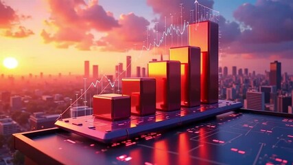 Dynamic business growth chart against vibrant city skyline at sunset showing progress - Powered by Adobe